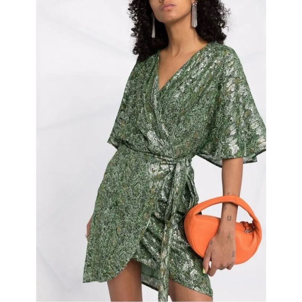 PINKO Draped Sleeve True Wrap Dress in a Green Metallic Snakeskin Print, Size 4